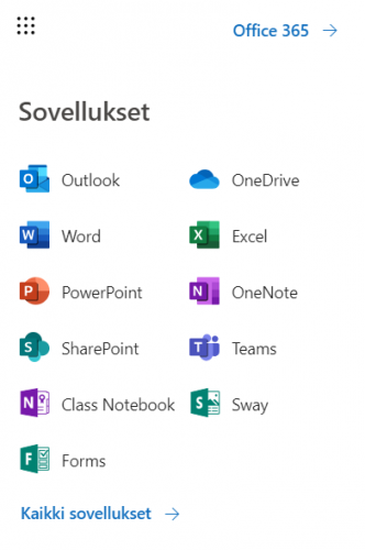 Office 365 -verkkosovelluksia ovat mm. Outlook, OneDrive, Word, Excel, PowerPoint, OneNote, SharePoint, Teams, Class Notebook, Sway ja Forms.