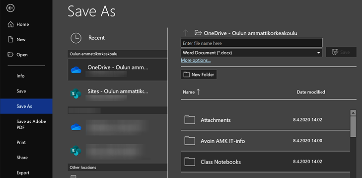 Tallenna nimellä (Save as) -näkymässä on valittuna Oulun ammattikorkeakoulun OneDrive, jonka kansiolistauksesta on valittu Class Notebooks -kansio. Tiedoston nimi kirjoitetaan Enter the file name here - kenttään, jonka yhteydessä voi valita tallennustyypin (tässä docx). Näkymässä olisi mahdollista myös luoda uusi kansio tallennuspaikaksi.