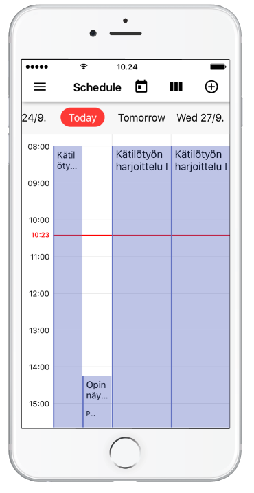 Esimerkkinäkymässä on valittu päivänäkymä, joss näkyy yhtäaikaiset tapahtumat rinnakkain.