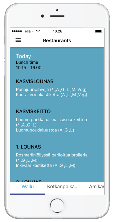 Esimerkissä näkyy päivän lounasvaihtoehdot valitussa ravintolassa, sekä lounasaika.