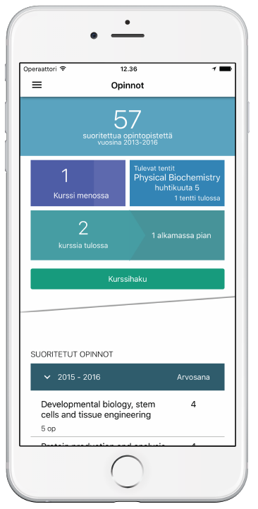 Esimerkissä opiskelija on suorittanut 57 opintopistettä, hänellä on yksi kurssi käynnissä ja kaksi alkamassa pian. Näkymässä on lisäksi kurssihaku-painike ja luettelo suoritetuista opinnoista arvosanoineen,