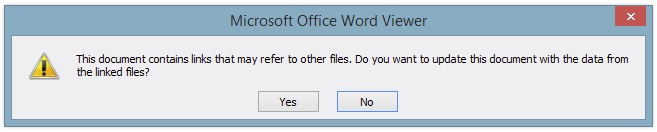 The document contains links that may refer to other files. Do you want to update this document with the data from the linked files? Yes or No