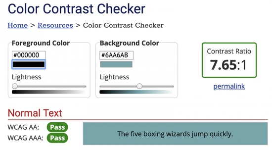 The Colour Contrast Checker shows that the selected colours, black and said turquoise, pass both the AA and AAA levels.