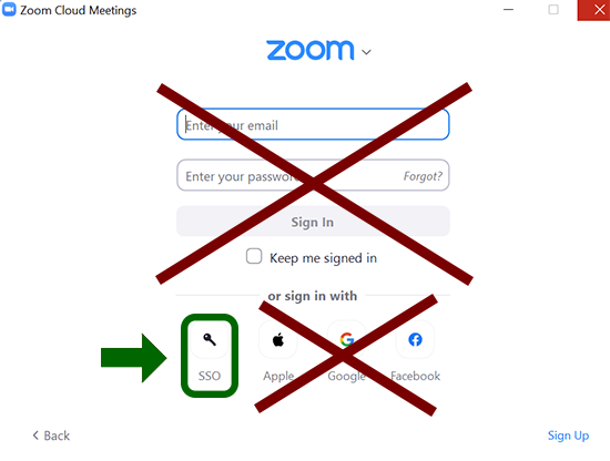 Zoom login -ikkunassa on useita eri kirjautumisvaihtoehtoja. Valitse niistä SSO.