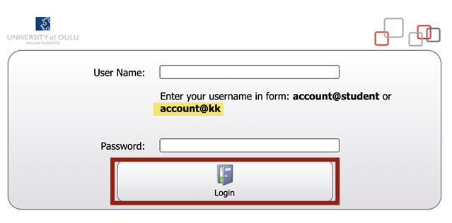 In the login view there are two text fields, User Name and Password. Below the User Name field it says "Enter your username in form: account@student or account@kk. Below the password field is the Login button.