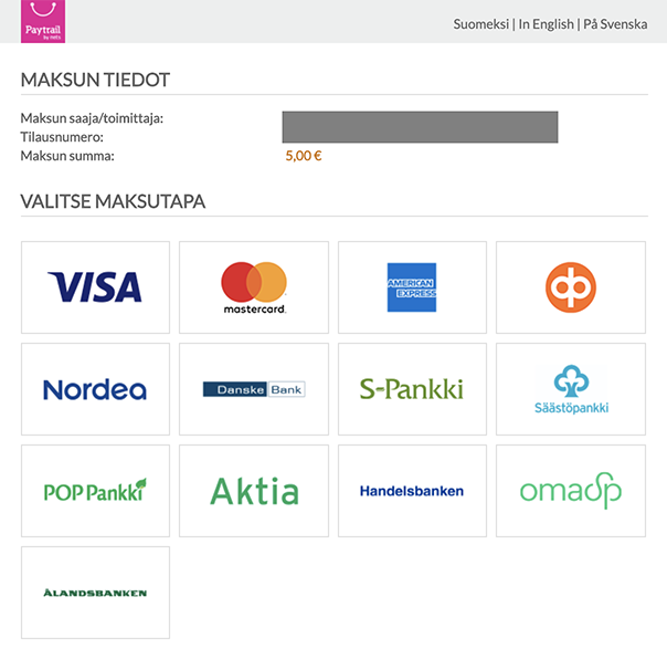 On the top of the page, you can choose the language of the service. Then choose the bank or your credit card from the available options. In the picture, there's VISA, Matercard, American Express, Osuuspankki, Nordea, DanskeBank, S-pankki, Säästöpankki, POP Pankki, Aktia, Handelsbanken, Oamk SP and Ålandsbanken.