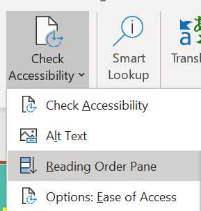 Reading order pane on kolmas vaihtoehto Check Accessibility -kohdan lisävalinnoissa.