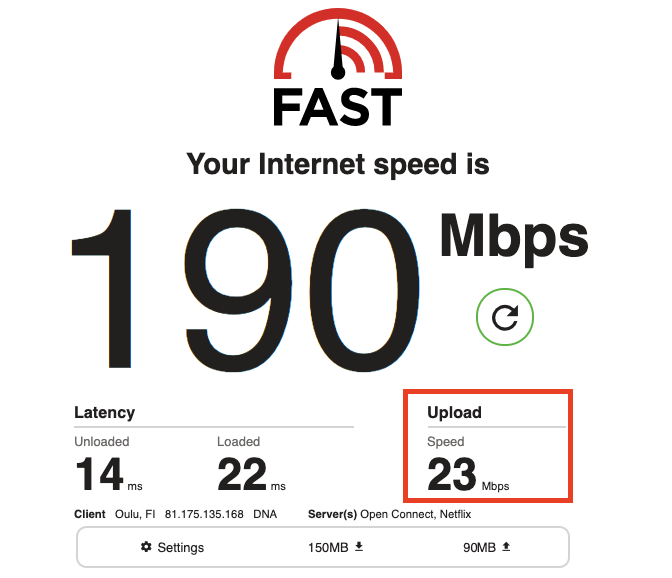 Esimerkkitestissä on Fast.com-nopeusmittarin lukemat. Nettiyhteyden nopeus mittaushetkellä on ollut 190 Mbit/s ja lähetysnopeus on 23 Mbit/s.