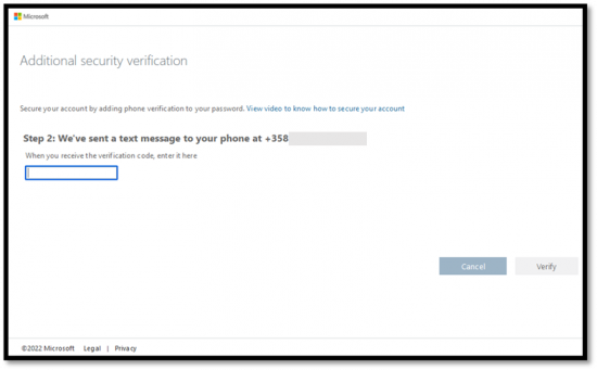Step 2 of the Security verification view. We've sent a SMS to your phone to +358 (the number is covered in the photo). The view has a text field and above a text that says “When you receive the verification code, enter it here”. The field is still empty in the picture, which is why buttons Cancel and Check are still inactive.