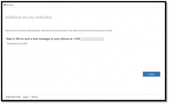 Here is the same additional security check view as before, but in the situation where the check has been made, as the view says that “Verification was successful!”. Below that the Done button is waiting for an acknowledgement.