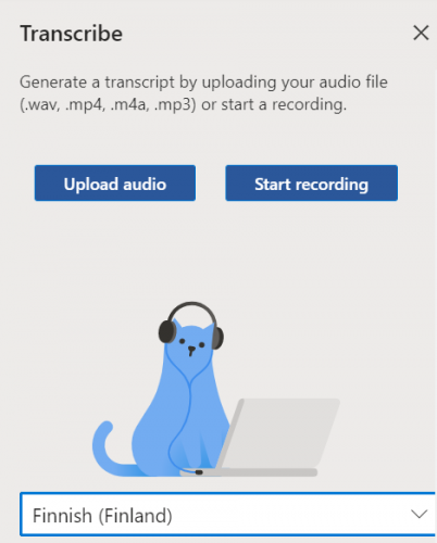 Under Transcribe, you can upload an audio file in WAV, MP4, M4A or MP3 format. You can also record speech with the Start Recording button. The language selection can be found after the Upload Audio and Start Recording buttons. In the image, Finnish is set as the language.