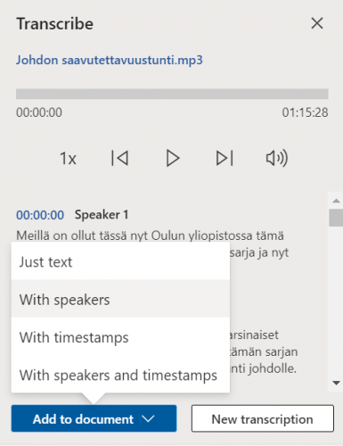 Add to document -painikkeen optiot ovat Just text, With speakers, With timestamps ja With speakers and timestamps.
