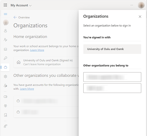 The organizations view appears in the background. The Profile menu opens an organization menu with (blurred here) information about which organization account is in use now. The other organizations you can select will appear as a separate list below it. In the picture, the user is in the account of their own organisation, i.e. in the shared environment of the University of Oulu and Oamk. In addition, there are two other blurred organizations on the list.