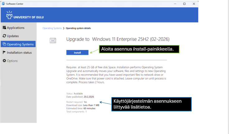 Software Center, aloita asennus Install-painikkeella