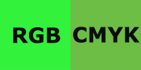 Kirkas vihreä ruutu, jossa lukee RGB ja sameampi vihreä ruutu, jossa lukee CMYK.