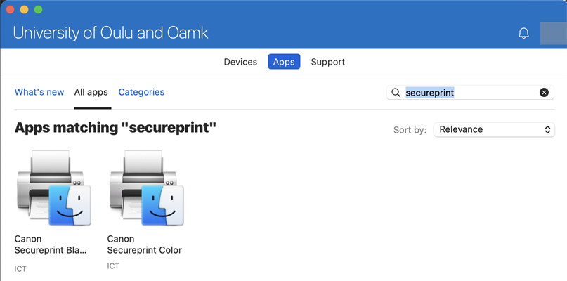 Apps-näkymässä on secureprint-haku, jolla on löytänyt Canon Secureprint black and white, sekä Canon Secureprint Color.