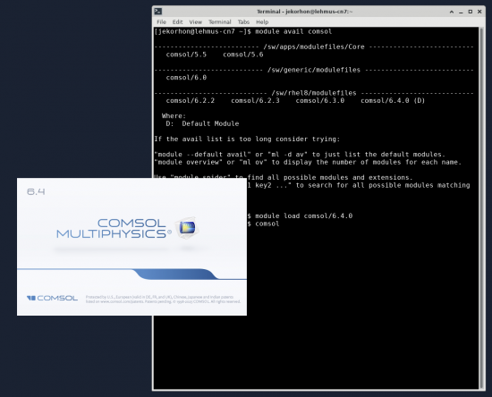 Comsol Multiphysics starting on Lehmus after running described commands: module load comsol/6.4.0 && comsol