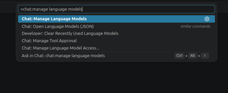 Visual Studio Coden komentopaletti, jossa Chat: Manage Language Models -komento on valittuna.