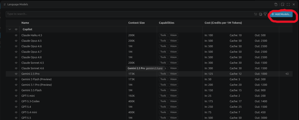 The Visual Studio Code Language Models editor, with the "Add Models" button visible in the top-right corner.