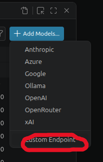 Add Models -valikko, jossa Custom Endpoint -vaihtoehto näkyy listan alareunassa.
