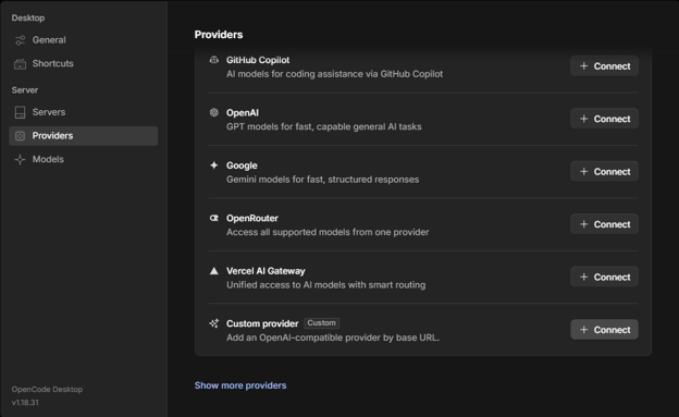 OpenCode Desktopin Providers-näkymä, jossa Custom provider -vaihtoehdon Connect-painike on näkyvissä.