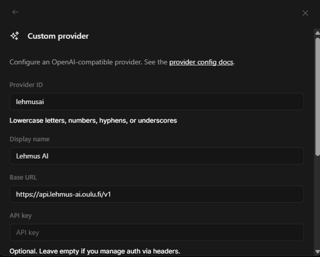 OpenCode Desktopin Custom provider -asetukset, joihin on määritetty Lehmus AI:n palveluntarjoajan tunniste, nimi, API-osoite ja API-avaimen kenttä.