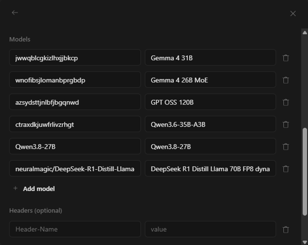 Configuration of Lehmus AI language models in OpenCode Desktop, where a Public Model ID and a name have been added to the models.