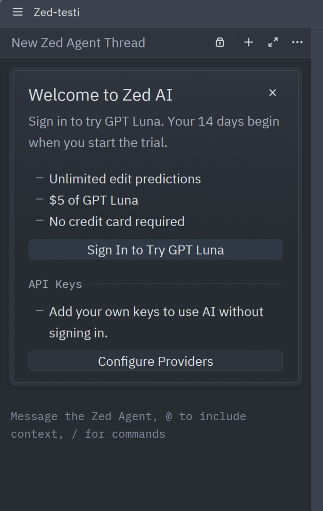 Zed's Agent panel before configuring a language model provider. The panel displays the "Configure Providers" button.