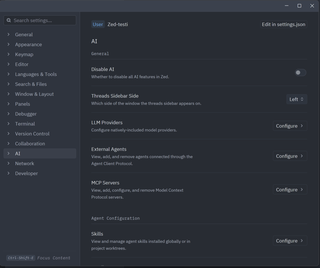Zedin AI-asetukset, joissa LLM Providers -kohdan Configure-painikkeesta avataan kielimallipalveluntarjoajien asetukset.