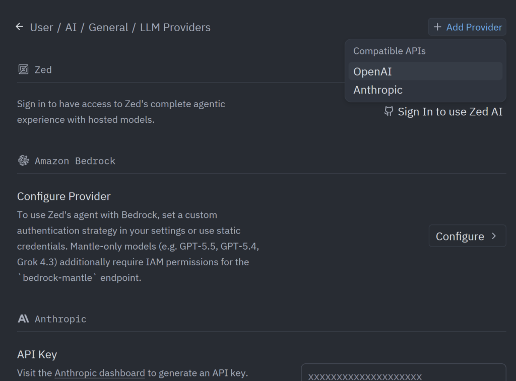 The "Add Provider" menu in the LLM Providers view, used to select an OpenAI-compatible provider.