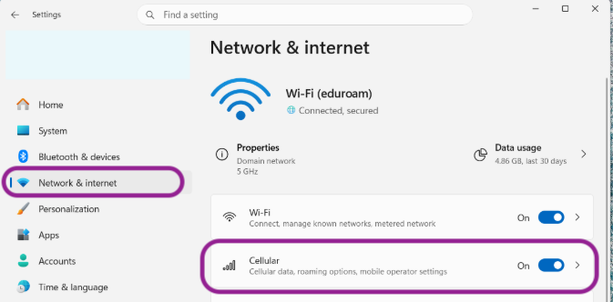 Network & Internet settings: In this section, there is a Cellular option.