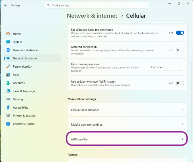 eSIM profiles can be found under More cellular settings in the Cellular settings menu.

Provide your feedback on BizChat