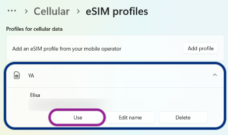 In the eSIM profile settings, you will see the YA profile. The Use button is located beneath it.
