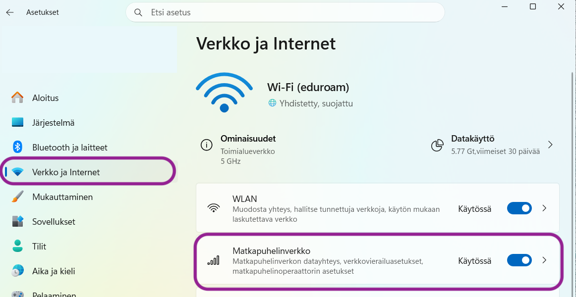 Verkko ja Internet -asetukset, WLAN-kohdan alla on Matkapuhelinverkko.