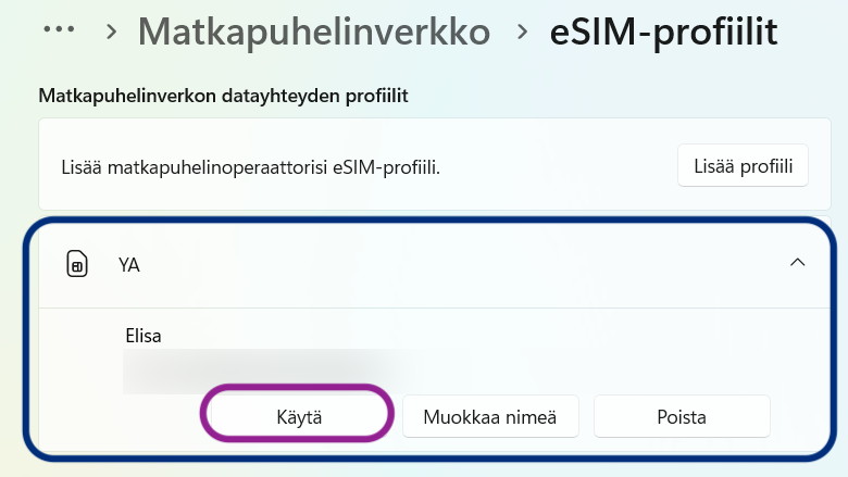 eSIM-profiilien asetuksissa näkyy YA-profiili, sen alta löytyy Käytä-nappi.