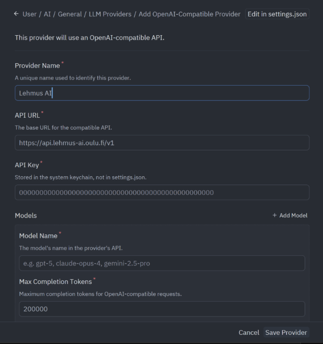 Lehmus AI service provider settings in Zed. The "Provider Name" field contains "Lehmus AI," the "API URL" field contains the Lehmus AI API address, and the "Models" section contains the language model details.